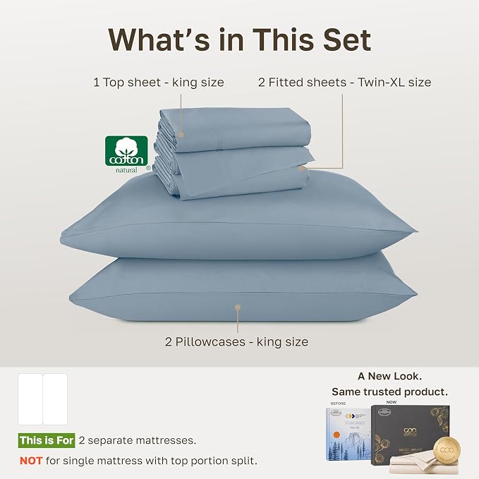 California Design Den Luxury 800 Thread Count Split King Bed Sheets, 5 Pcs | 100% Cotton Sateen, Good Housekeeping Seal, Split King Sheets Sets for Adj. Bed with 2 Sep. Twin-XL Mattresses - Dusty Blue