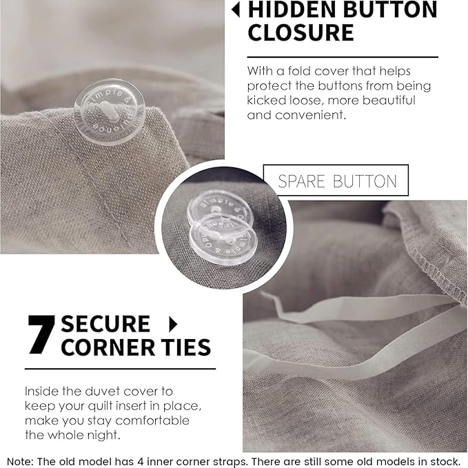 Simple&Opulence 100% Linen Duvet Cover Set 3pcs Basic Style Natural French Washed Flax Solid Color Soft Breathable Farmhouse Bedding with Button Closure - Linen, Queen