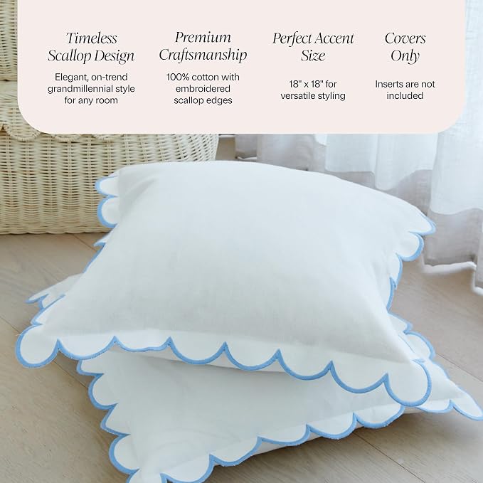 BEBE BASK Scalloped Pillow Cover Set of 2, 18x18, 100% Cotton - White/Blue | 100% Cotton, Scallop Pillow Covers, Grandmillennial Style, 18 by 18 Inch, Easy to Care, Machine Washable, Scalloped Pillows