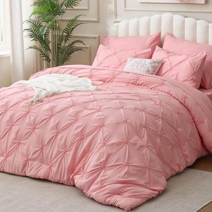 BEDELITE Full Comforter Set Pink,Lightweight & Soft Comforter | 7 Pc Boho Bed in a Bag,Warm & Cute Bed Set for All Season,Includes Comforter,Flat & Fitted Sheets,2 Pillowcases & 2 Shams