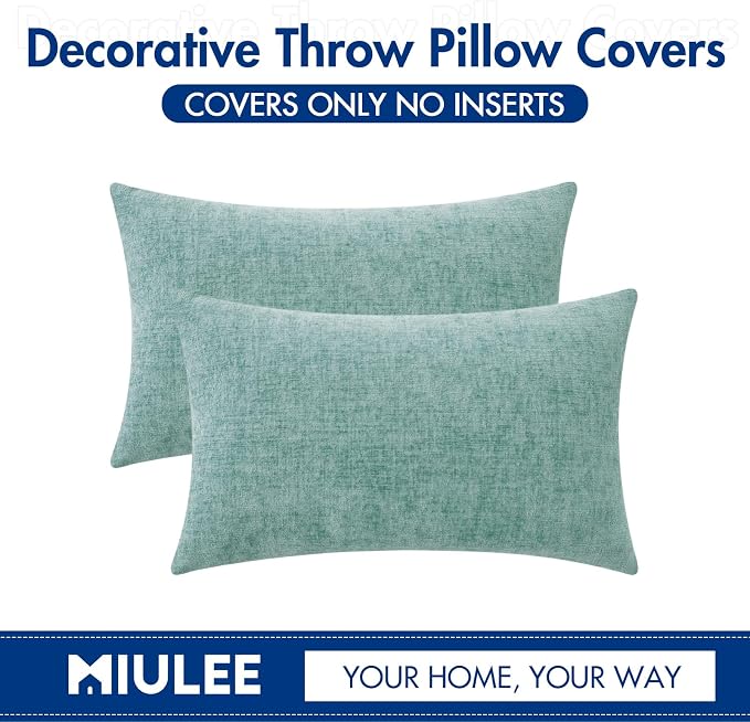 MIULEE Soft Chenille Lumbar Throw Pillow Covers Aqua Green 12x20 Pack of 2 | Modern Home Decor, Classic Decorative Pillows, Solid Dyed Cases, Boho Couch Cushion Covers for Sofa Bed Living Room