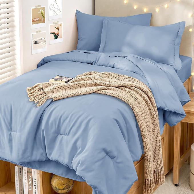 5 Pieces Twin XL Comforter Set, Soft Bed in a Bag Twin XL Size, All Season Bedding Set with Comforter, Flat Sheet, Fitted Sheet, Pillowcases & Shams, Greyish Blue