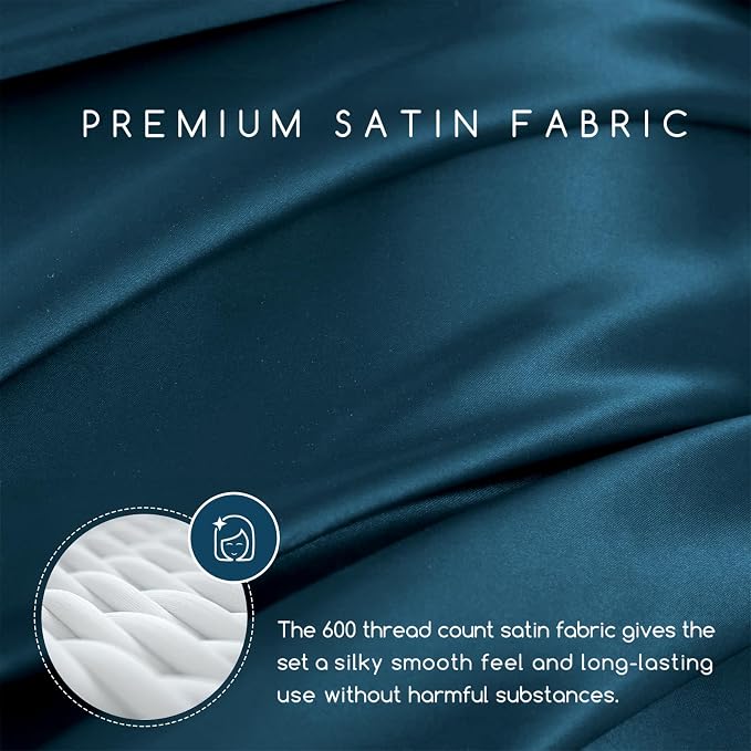 MR&HM Satin Sheets Twin XL Size with Elastic Corner Straps, Teal | Similar to Silk, 3-Piece Silky Soft Bed Sheet Set, Gentle on Skin and Hair, 15" Deep Pocket, Cooling & Breathable