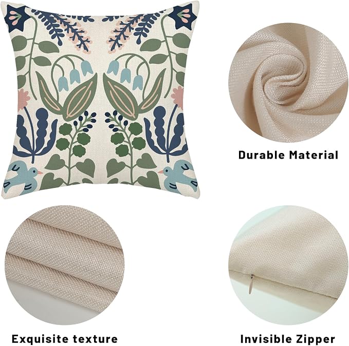 Navy Blue Boho Pillow Covers 16x16 Inch 2 Pcs Sage Green Floral Decor Throw Pillows Vintage Flower Seasonal Spring Summer Outdoor Decoration Pillowcase Linen Cushion Cover for Couch Sofa