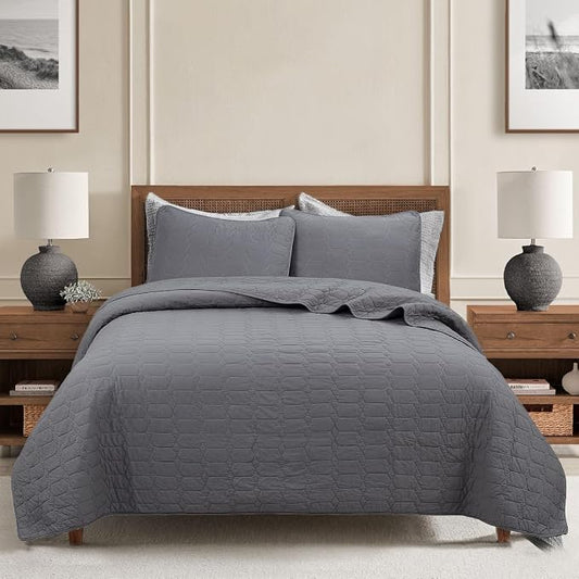 Cozy Line Home Fashions 100% Cotton Quilt Set – 3-Piece Charcoal Gray Solid Classic Modern Geometric Quilted Bedspread with Shams, Lightweight All Season Modern Bedding (Hexagon Gray, Queen)