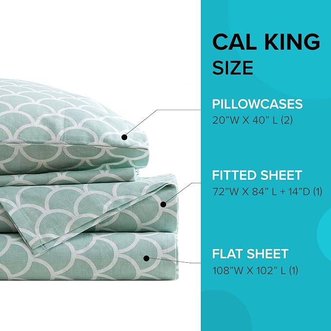 Comfort Spaces 100% Cotton Percale Sheets Cal King Sheet Set 4 Pcs, Scales | Crisp, Cool & Breathable Bed Sheets, 14" Deep Pocket Fits Up to 16" Mattress, Lightweight, All Season Cozy, with Pillow Case