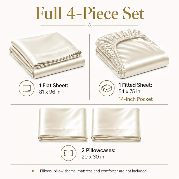 CozyLux Satin Sheets Full, 4-Piece 14-Inch Deep Pocket Sheet Set | OEKO-TEX Certified Silky Soft Sheet Set for Hair & Skin, Luxurious Silky-Smooth Satin for Elegant Bedroom Decor, Beige