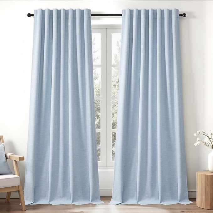 Topfinel Light Blue 120 Inch Blackout Linen Curtains 2 Panel Set for Living Room Darkening Thick Linen Textured 100% Black Out Drapes 120 Inches Long Back Tab Light Blocking Bedroom for Babys Kids
