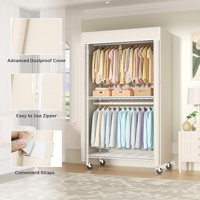 FUTASSI White Clothing Rack with Beige Cover, P1C Rolling Closets | Metal Garment Rack for Hanging Clothes, Clothing Storage Wardrobe, with Wheels
