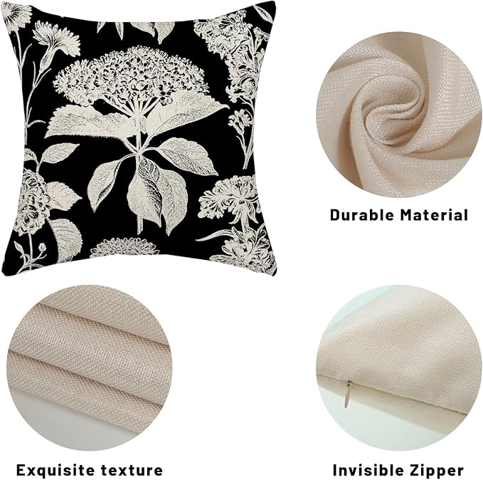 Vintage Floral Pillow Covers 18x18 Inch 2 Pcs Boho Black Hydrangea Flower Decor Throw Pillows Spring Summer Seasonal Outdoor Farmhouse Decoration Pillowcase Linen Cushion Cover for Couch