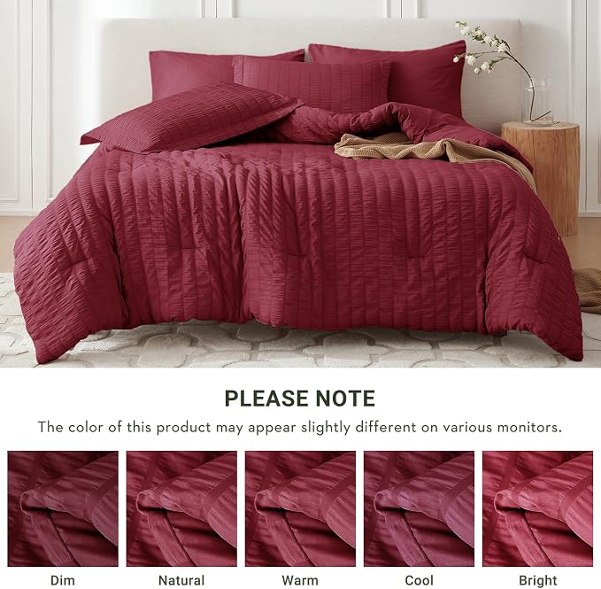 7 Pieces Oversized King Comforter Set, Seersucker Bed in a Bag Oversized King Size, All Season Luxury Bedding Set with Comforter, Flat Sheet, Fitted Sheet, Pillowcases & Shams, Burgundy