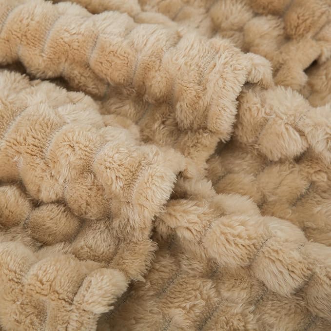 Puncuntex Beige Throw Blanket 108"×90" inches Fuzzy 3D Jacquard Decorative | Flannel Fleece Super Soft Plush Cozy Blanket for Couch Sofa Chair Lightweight