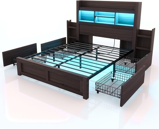 LUXOAK Full Bed Frame with Storage, Bookcase Headboard, Black | 49.6" Headboard, Wood Platform Bed, Charging Station, Bedside Storage, 4 Storage Drawers, No Box Spring Needed, Farmhouse