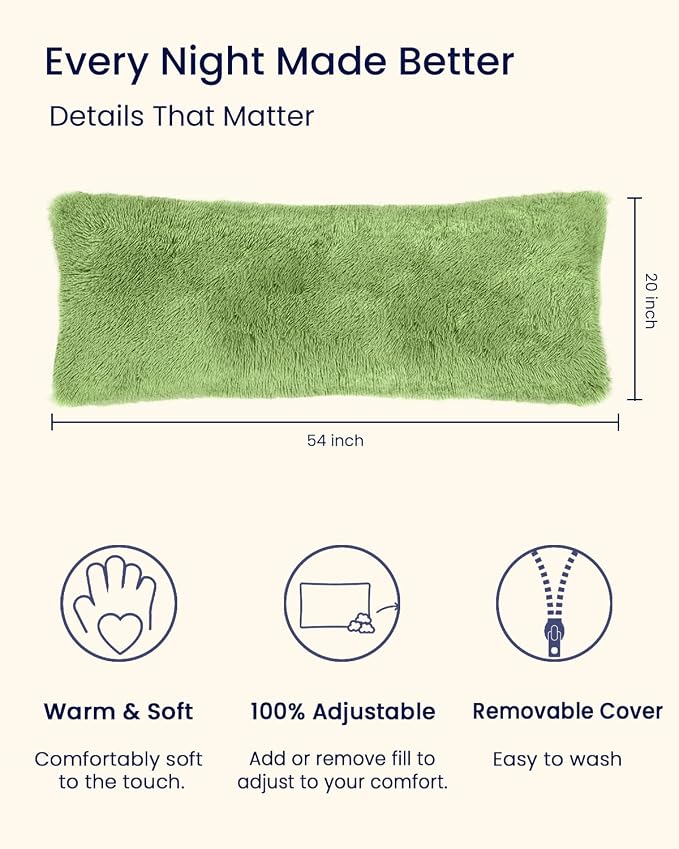ZonLi Fluffy Body Pillow for Adults, Fuzzy Faux Fur Long Pillow with Shredded Memory Foam, Adjustable Support for Side Sleepers, Gifts, 20 x 54 Inch, Sage Green