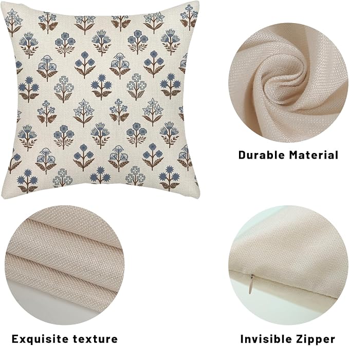 Blue Brown Pillow Covers 20x20 Inch 2 Pcs Block Print Vintage Floral Decor Throw Pillows Boho Flower Spring Summer Outdoor Seasonal Decoration Pillowcase Linen Cushion Cover for Couch Sofa