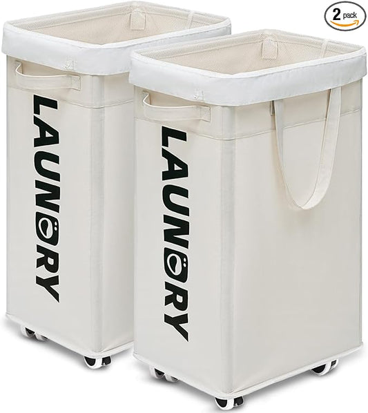 Goodpick 2-Pack Laundry Hamper with Wheels & Wash Bag for College Dorm, 75L | Clothes Hamper with Removable Wash Bag for Laundry Room, Large Rolling Laundry Basket with Handles, White