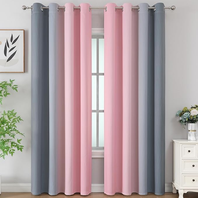 Ombre Grey and Pink Blackout Curtains for Bedroom 108 Inch | Room Darkening Blackout Curtains for Living Room,Thermal Insulated Gradient Grommet Window Drapes, 52Wx108L Inch,2 Panels