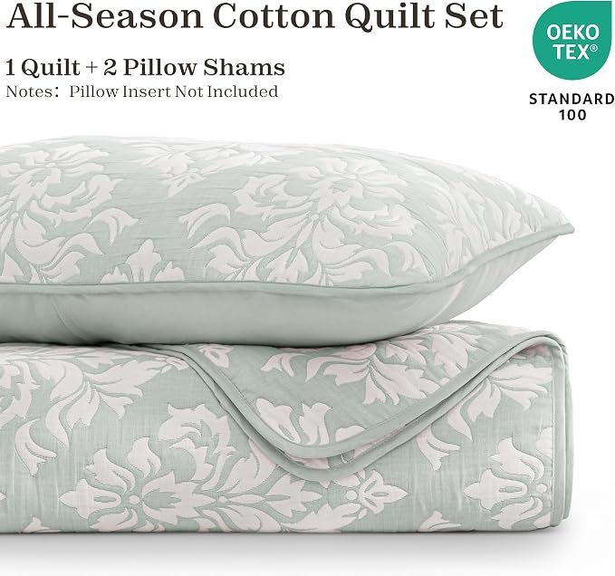 Exclusivo Mezcla Cotton Quilts Queen Size Sage Green | Soft Lightweight Bedspread, Breathable Prewashed Yarn Dyed Muslin, All Season Bedding Set, Boho Coverlet With 2 Pillow Shams