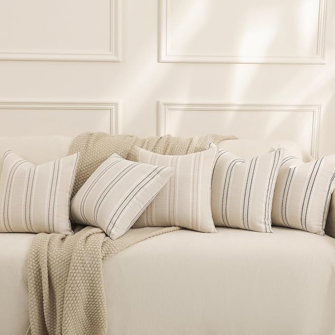 Hckot Decorative Khaki Pillow Covers 18x18 Striped Throw Pillows | Textured Linen Pillow Covers Farmhouse Decor Cushion Covers for Couch Bed Living Room Neutral Cream Outdoor Pillows