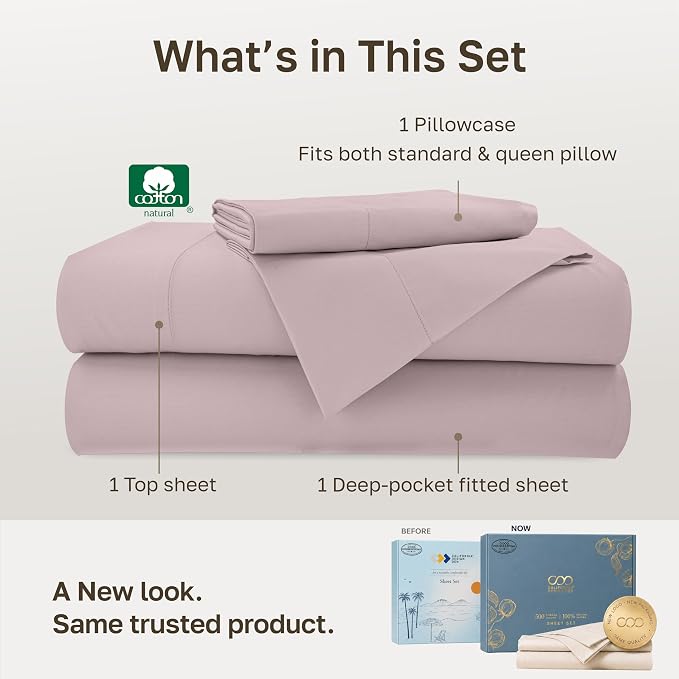 California Design Den Softest 100% Cotton Sateen Twin Bed Sheets Set, 3 Pcs | 500 Thread Count Backed by Good Housekeeping Seal, All-Around Elastic, Durable, Easy Care, OEKO-TEX certified - Soft Rose
