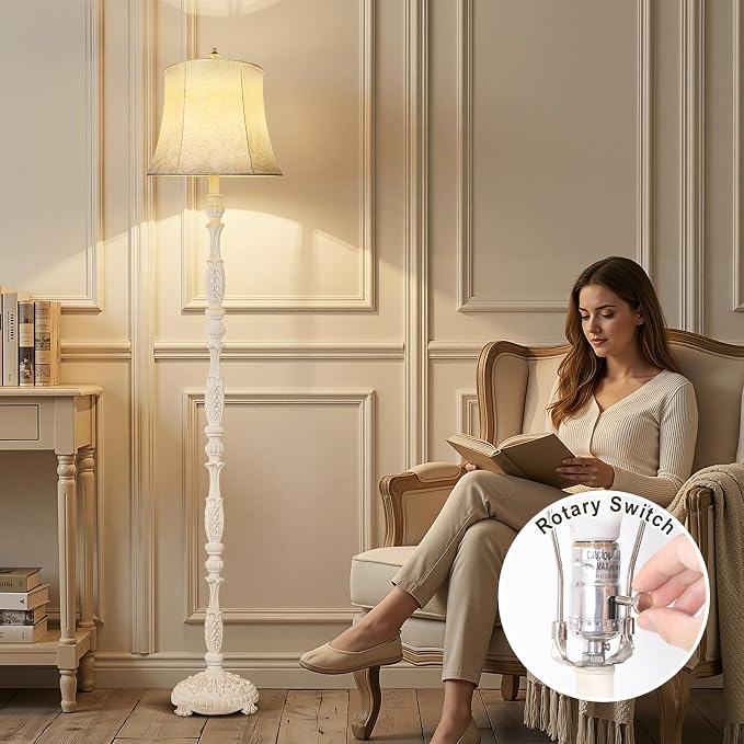 Scenekoy Rustic 66” Wash White Floor Lamp for Living Room Bedroom | Resin Carved Standing Lamp with Faux Leather Shade, Adjustable Bulb, Rotary Switch Rustic Lamp Decor for Home Room Office