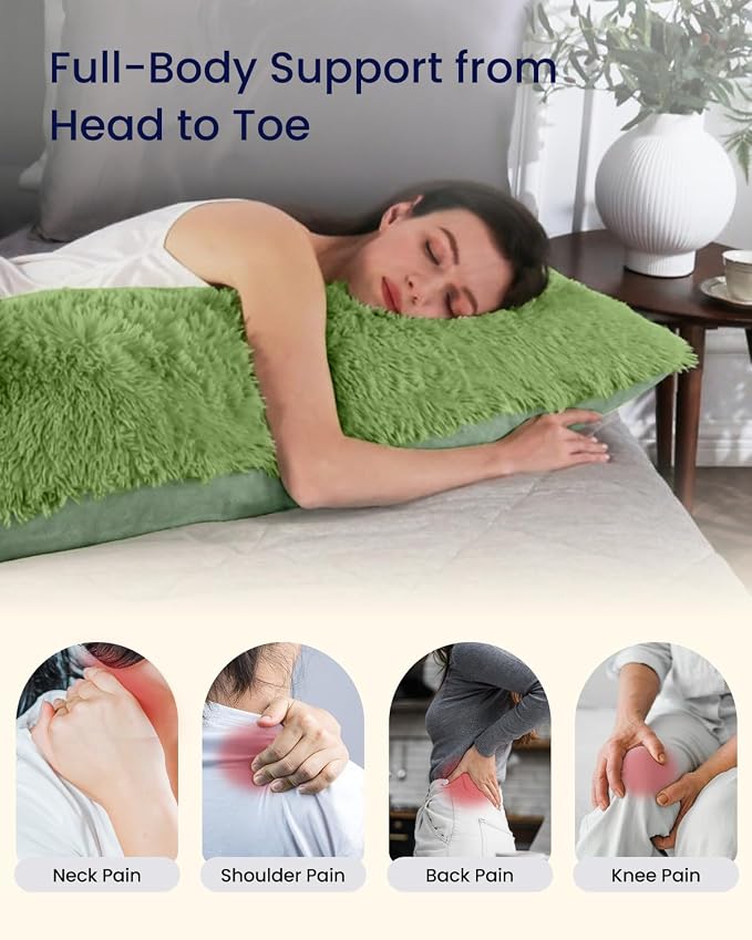 ZonLi Fluffy Body Pillow for Adults, Fuzzy Faux Fur Long Pillow with Shredded Memory Foam, Adjustable Support for Side Sleepers, Gifts, 20 x 54 Inch, Sage Green