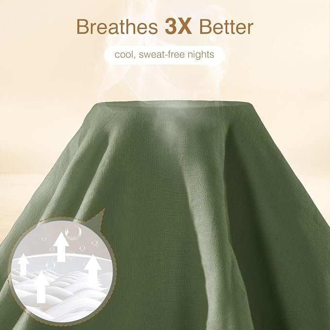 SONORO KATE 100% French Linen King Duvet Cover Set,Zipper Closure,3PC | Natural French Flax,Soft Breathable for Hot Sleepers,Moisture Wicking & Durable,4 Corner Ties,Olive Green