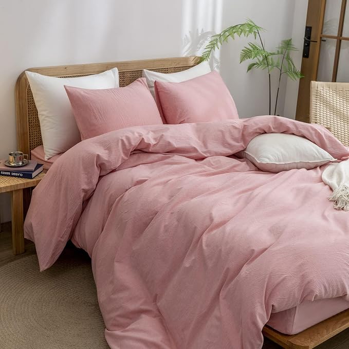 BESTOUCH Cotton Solid Duvet Cover Set Linen Feel Red Pink Alaska King | 100% Washed Cotton, Soft Wrinkle Texture, Hidden Zipper, 8 Ties, Breathable Lightweight Durable Comfy, 3 Pcs No Insert
