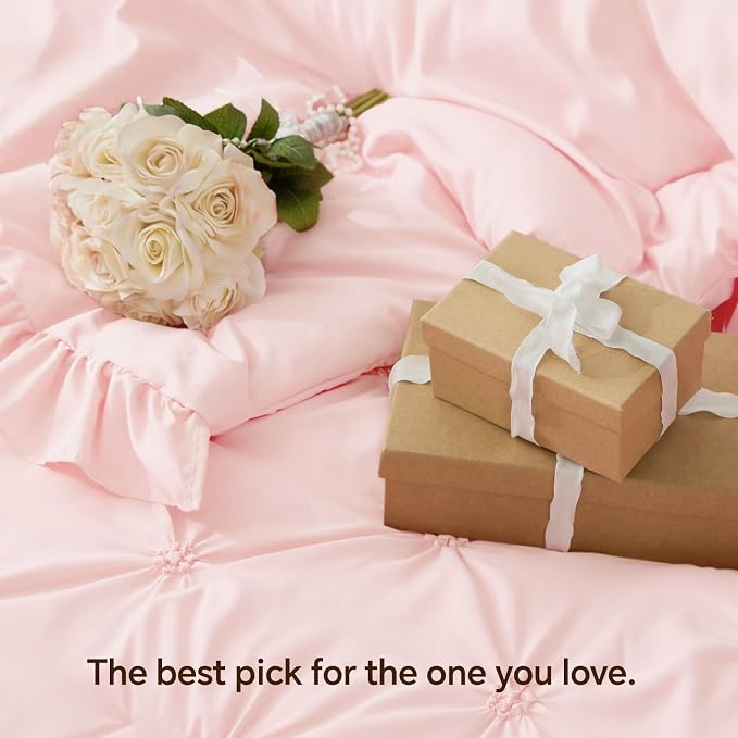 BEDELITE King Comforter Set Ruffle-Baby Pink,Lightweight & Soft Comforter | Pintuck Boho Bedding, Warm & Cute Bed Set for All Season,With 2 Pillowcases