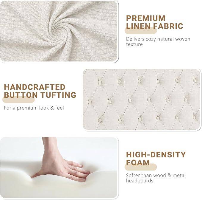 Queen Headboard Only, Linen Classic Tufted Design, Ivory | 2 installation options: 1.bed frame mount 2.wall mount (for adjustable bed), Classic hand-tufted headboard king size