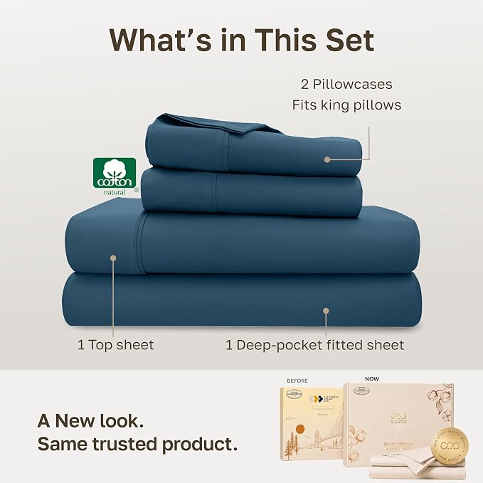 California Design Den 100% Cotton Sateen King Size Sheets Deep Pocket Set | 400 Thread Count Backed by Good Housekeeping Seal, 16" Deep Pocket, All-Around Elastic, Durable, Easy Care - Peacock Blue