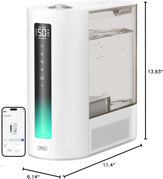 DREO 6L Smart Humidifiers for Bedroom, Warm & Cool Mist for Large Room | 60-Hour Quiet Runtime, 500ML/H Output, Smart Humidity Sensor, Indicator Light, App Control, Works with Alexa & Google, White