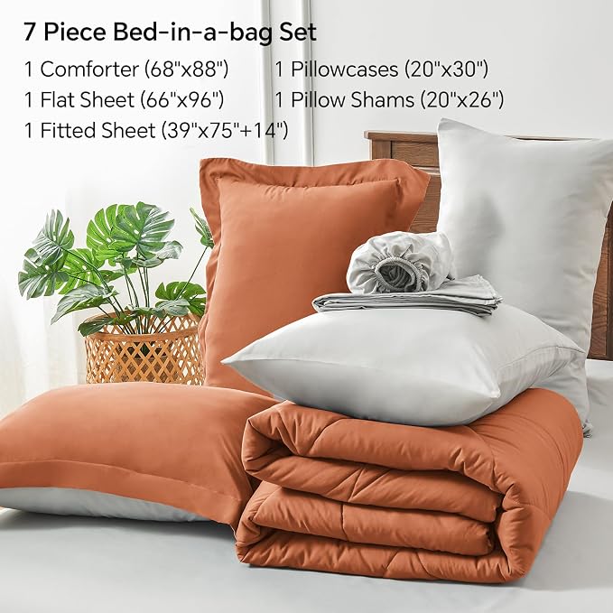 BEDELITE Twin Comforter Set 5 Pieces, Reversible Burnt Orange Bed in A Bag | Soft All Season Down-Alternative Comforter, Sheets, Pillowcases & Shams, OEKO-TEX Certified Bedding for Bedrrom, Guest Room