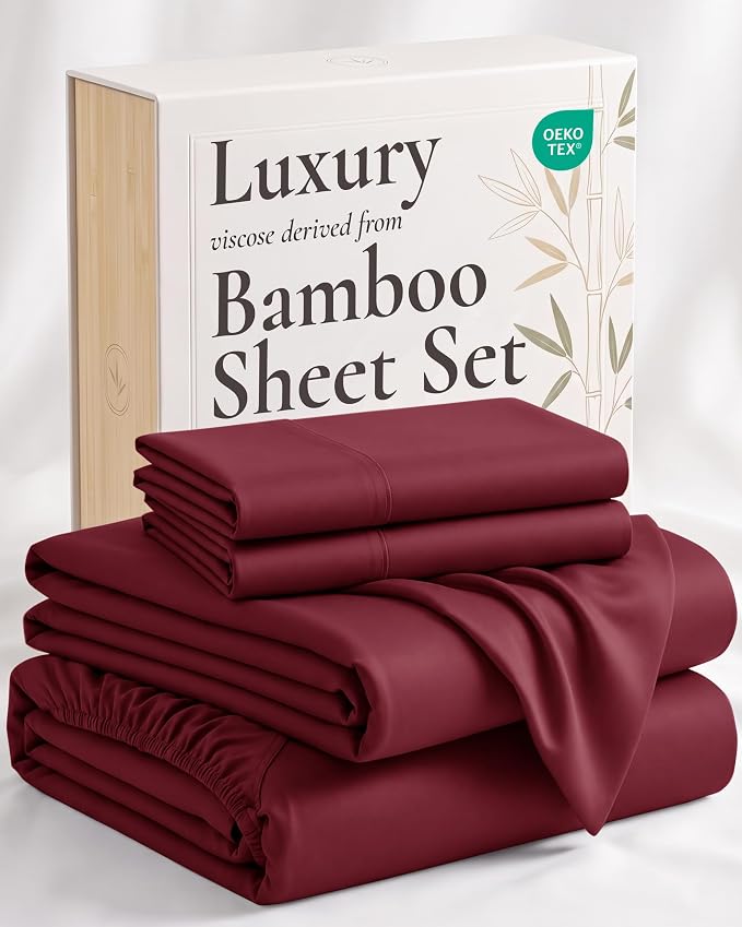 Hotel Sheets Direct 4 Piece Bed Sheet Set Queen Size, 100% Viscose Derived from Bamboo Sheets Set with 2 Pillowcases, Cooling & Breathable Luxury Bedding, Moisture-Wicking & Silky Soft, Burgundy