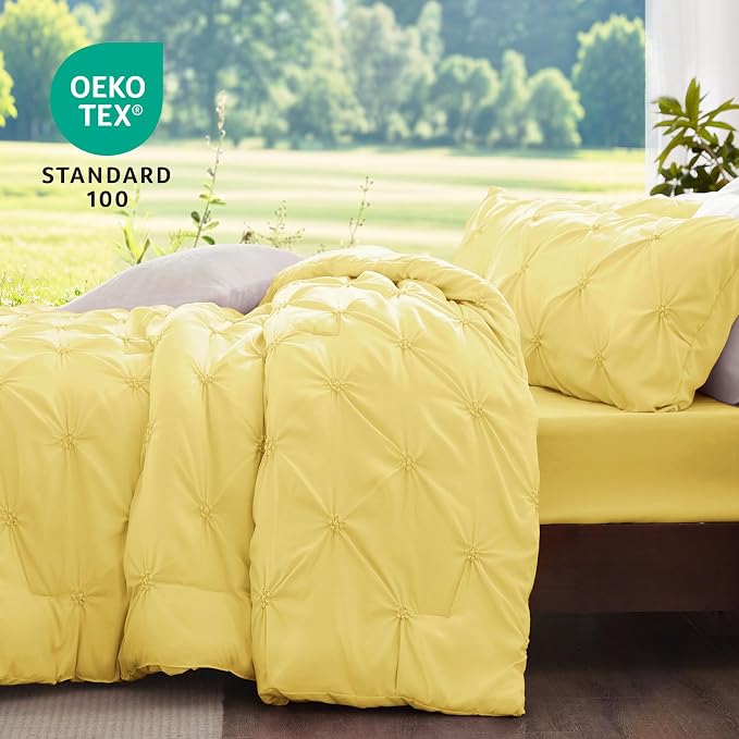 BEDELITE King Comforter Set Light Yellow,Lightweight & Soft Comforter | Pintuck Boho Bedding, Warm & Cute Bed Set for All Season,With 2 Pillowcases