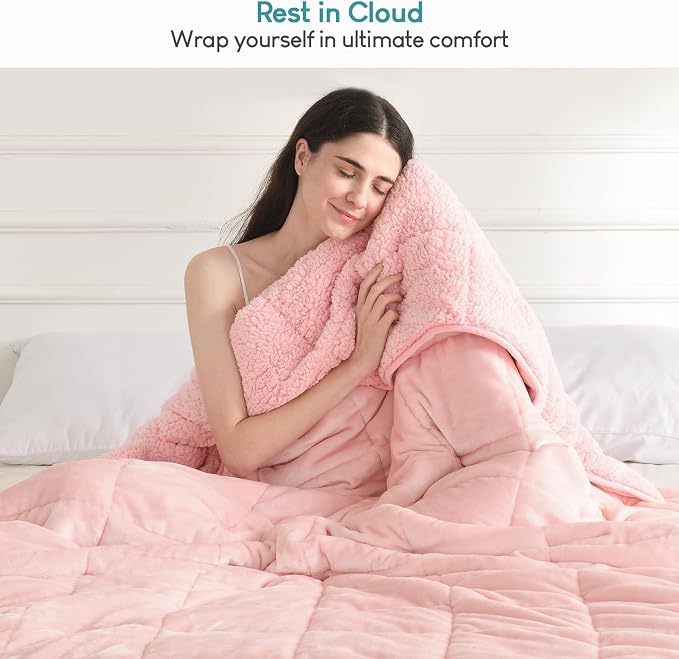 Cottonblue Fleece Weighted Blanket 15lbs for Adults Twin Size 48x72in Soft | Cozy Warm Sherpa Flannel Pink Weighted Blankets Throw for Sleep Calm Relax, Fuzzy Faux Fur Heavy Blanket for Bed Couch Sofa