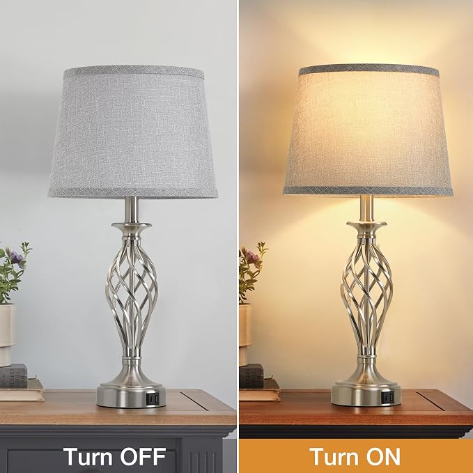 Table Lamp for Bedroom Set of 2 with USB C+A Ports,Modern Night Stand Lamps | Silver Bedside Lamps with Spiral Cage Base,Grey Fabric Shade,Lamp for Living Room Reading Bed Side End Table,Bulbs Included