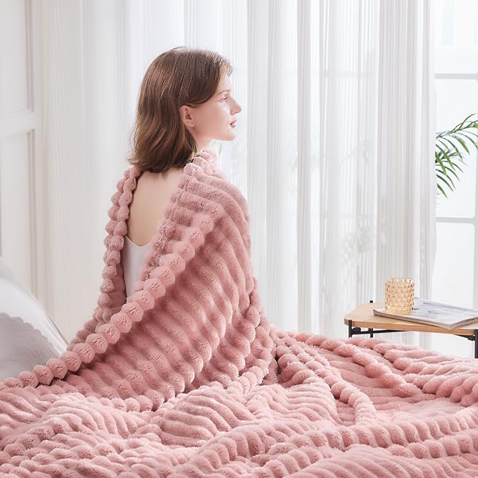 NEWCOSPLAY Fleece Ribbed Cozy Twin Blanket for Couch, Pink, 60"x80" | Premium Silky Flannel Blanket, Soft Lightweight Fluffy Throw Blanket for Bed Sofa Decor, Gift for All Season Use