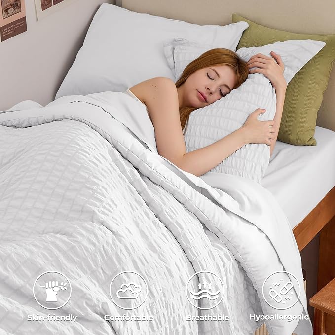 HYMOKEGE White Twin Comforter Set Seersucker 5 Pieces, All Season Luxury Bed in a Bag for Bedroom, Bedding Set with Comforters, Sheets, Pillowcase & Sham