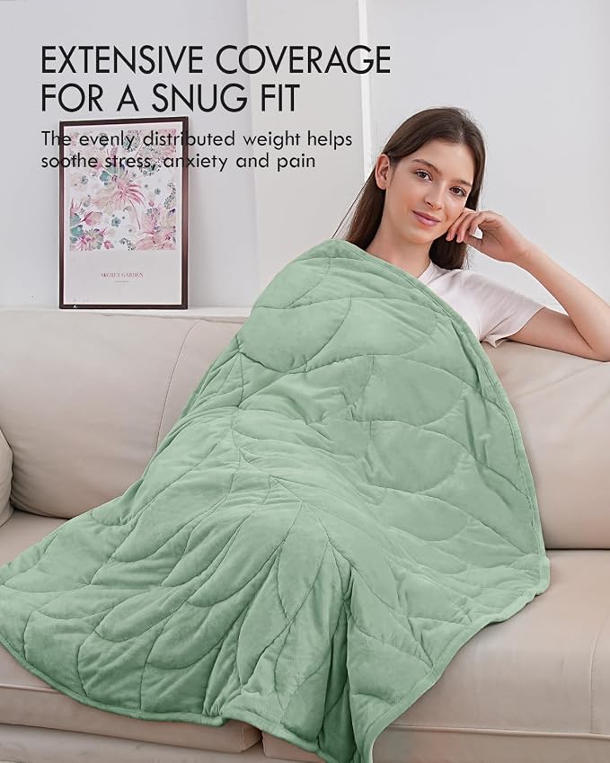 Weighted Lap Blanket for Adults, 7 lbs 41" x 53", Leaf Pattern, Sage Green | Washable Weighted Blankets, Small Portable Blanket for Relaxation, Cozy Luxury Crystal Velvet All-Season Heavy Blanket