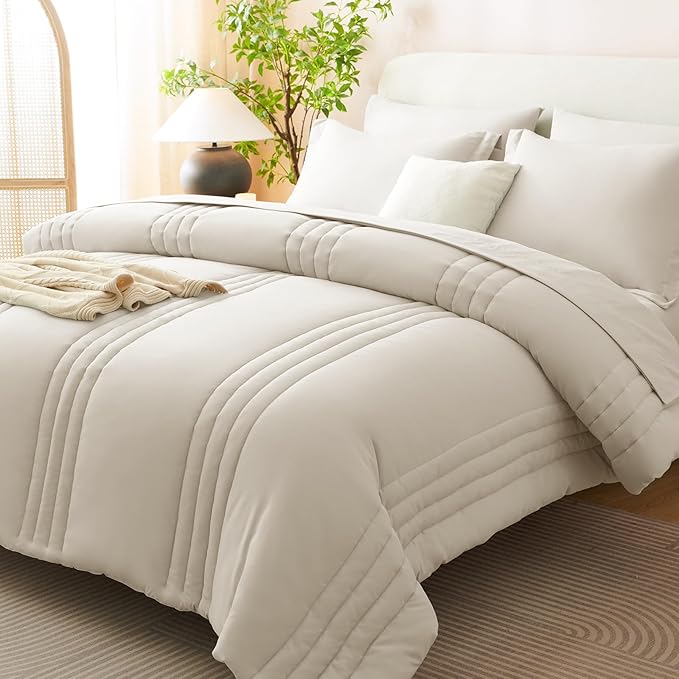 Super King Comforter Set Beige - Oversized 120x120 Bed in a Bag | Fuller King-Bed Coverage, 240GSM Down-Alternative Fill, 14" Deep-Pocket Sheets, Shams & Pillowcases, Lightweight