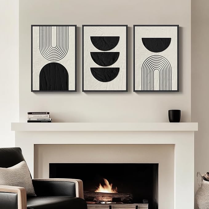 Framed Neutral Black and Beige Abstract Wall Art Set, 3 Piece Canvas Prints | Modern Minimalist Artwork, Geometric Pictures, Neutral Boho Paintings, Living Room Bedroom Home Office Wall Decor 20x30 Inch
