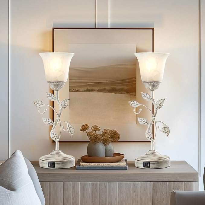 Set of 2 Rustic Touch Table Lamps for Bedroom 2 USB C+A | 3-Way Dimmable Nightstand Flower Lamp, Retro White Glass Shade Leaf Lamp for Living Room Entryway, 2 LED Bulb Included