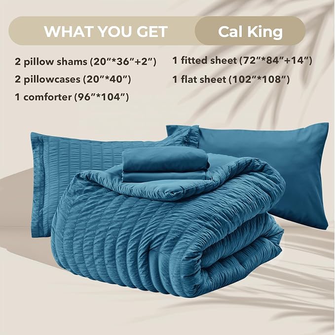 HYMOKEGE Teal California King Comforter Set Seersucker 7 Pieces, All Season Luxury Bed in a Bag for Bedroom, Bedding Set with Comforters, Sheets, Pillowcases & Shams