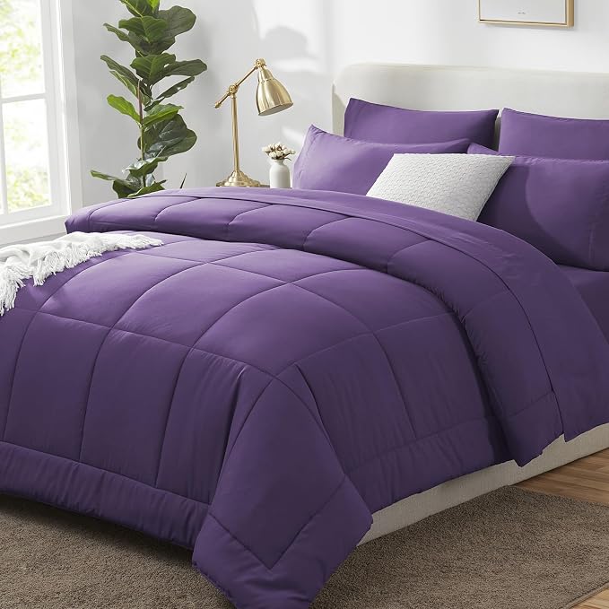 Queen Comforter Set Purple - 7 Pieces Bed in a Bag | OEKO-TEX Certified, All-Season, Bedroom, Guest Room, Down-Alternative Comforter + Flat & Fitted Sheets + 4 Pillowcases