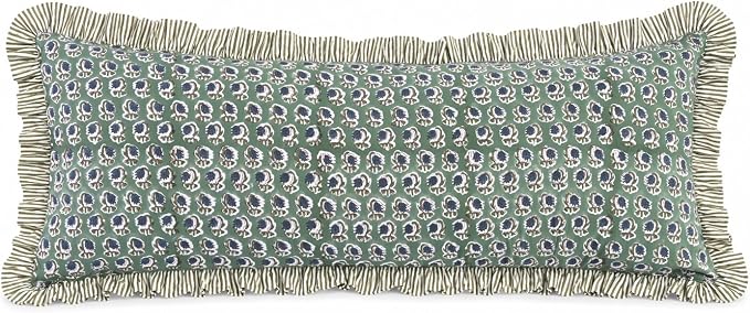 Ridhi Block Print Basil Green Ruffle Lumbar Pillow Shams, 36" x 14" | 100% cotton, Floral Pillowcase, Cushion Cover, Hidden Zipper, Cottagecore Bedding, farmhouse boho style, fits couch, sofa,Bed