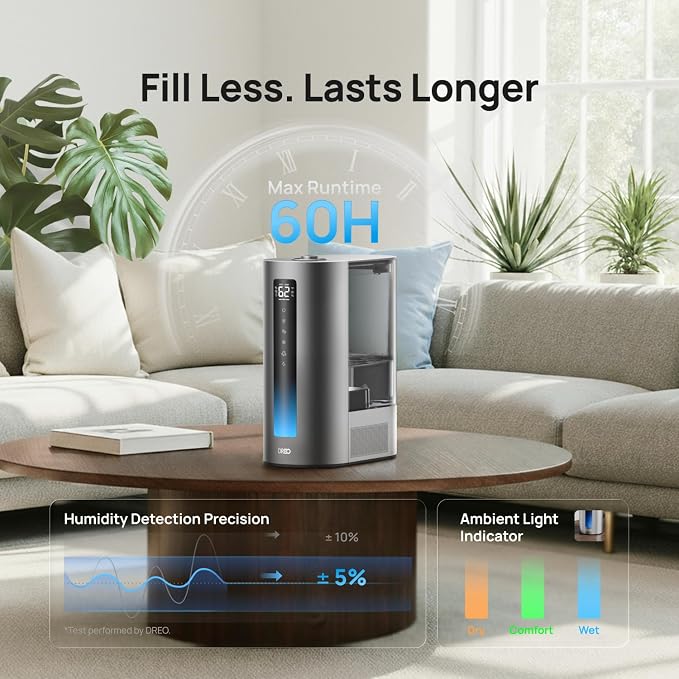 DREO 6L Smart Humidifiers for Bedroom, Warm & Cool Mist for Large Room | 60-Hour Quiet Runtime, 500ML/H Output, Smart Humidity Sensor, Indicator Light, App Control, Works with Alexa & Google, Silver