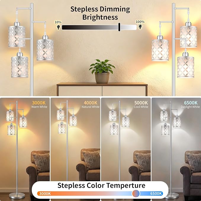 72" Dimmable Floor Lamp with Remote & Timer, Modern Minimalist Standing Lamp for Living Room Bedroom, 3 Individually Controlled Heads, 2 Height Options, 3x 1100LM LED Bulbs Included -Silver