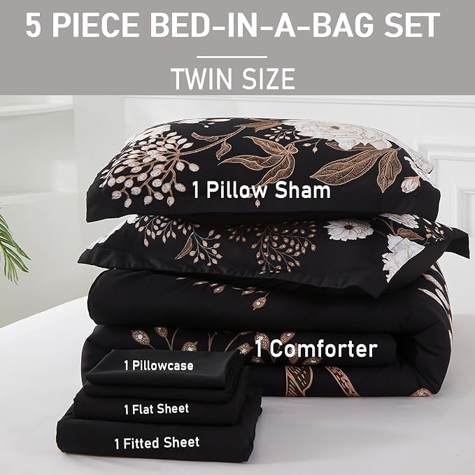Yogeneg 5 Piece Bed in a Bag Twin Size Comforter Set Botanical Floral Bedding Set,White Flower Leaves Printed on Black Reversible Design,Soft Microfiber Comforter with Sheet Set,All Season(Black,Twin)