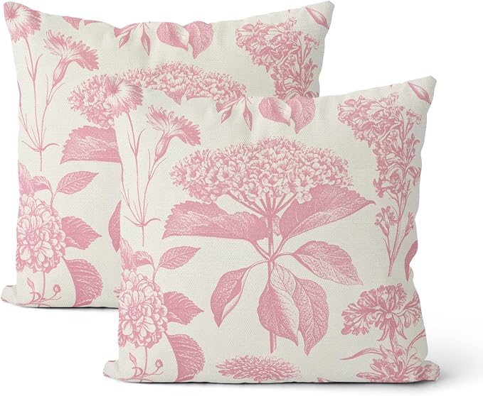 Pink Pillow Covers 22x22 Inch 2 Pcs Boho Vintage Floral Decor Throw Pillows Hydrangea Flower Seasonal Outdoor Farmhouse Neutral Accent Decoration Pillowcase Linen Cushion Cover for Sofa